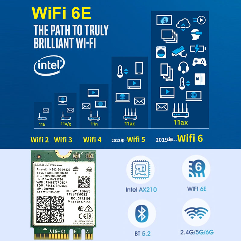 Intel AX210 AX210NGW Killer 1675x AX1675x Wi-Fi 6E 802.11AX Двухдиапазонная карта 2,4G 5G 6G 5374 Мбит/с Bluetooth 5.2 M.2 NGFF Wi-Fi