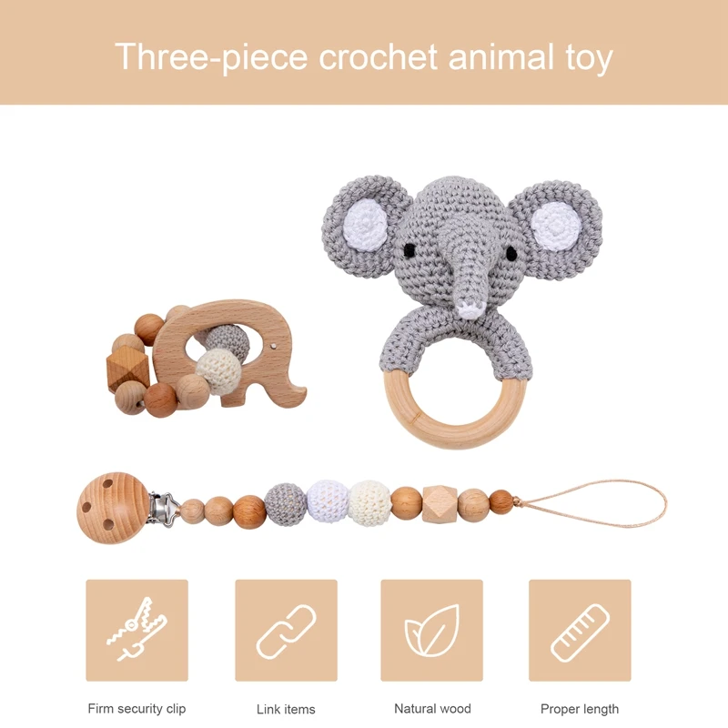 1 ชุดเด็ก Rattle ไม้โครเชต์ช้างระฆังเพลง Teething สร้อยข้อมือ Pacifier Dummy คลิปยิมเล่นหนูเด็กผลิตภัณฑ์ของเล่น