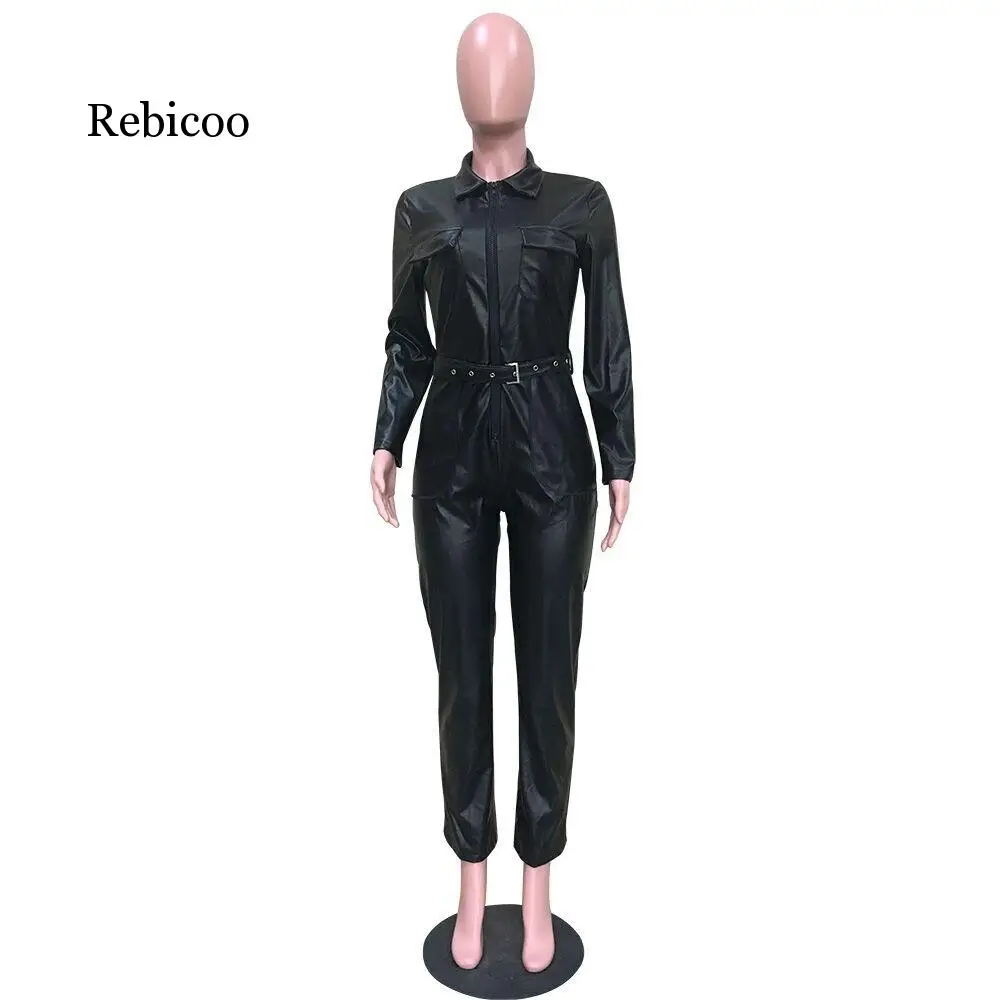 Mono de piel sintética con cuello vuelto para mujer, mono de manga larga de cuero Pu negro, mono ajustado con bolsillo y cremallera para fiesta