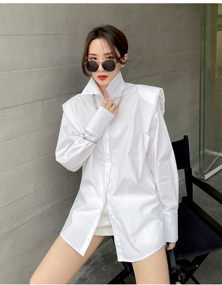 Ifhobi Wanita Chic Kerah Longgar Warna Solid Bantalan Bahu Kemeja Putih Busana Korea Musim Semi Musim Gugur Blus Antik