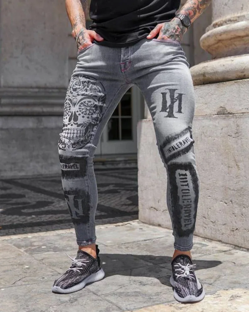 Pantalones vaqueros elásticos a la moda para hombre, pantalones informales, pantalones vaqueros grises ajustados con estampado, pantalones vaqueros estampados a la moda para hombre, pantalones pitillo para hombre
