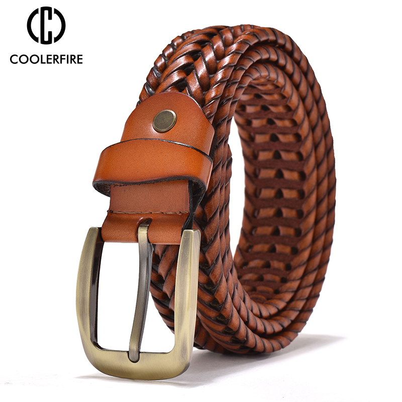 Cinturones trenzados de cuero genuino para hombre, correas Vintage de mano de alta calidad para hombre, hebilla dorada, informal para correa de Jeans HQ212