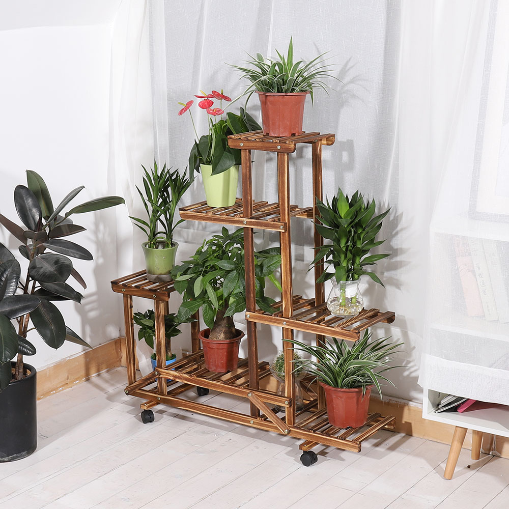 UNHO drewniany stojak na rośliny z kółkami wielowarstwowa Rolling Plant Flower Display półka kryty ruchomy uchwyt do przechowywania na zewnątrz fo