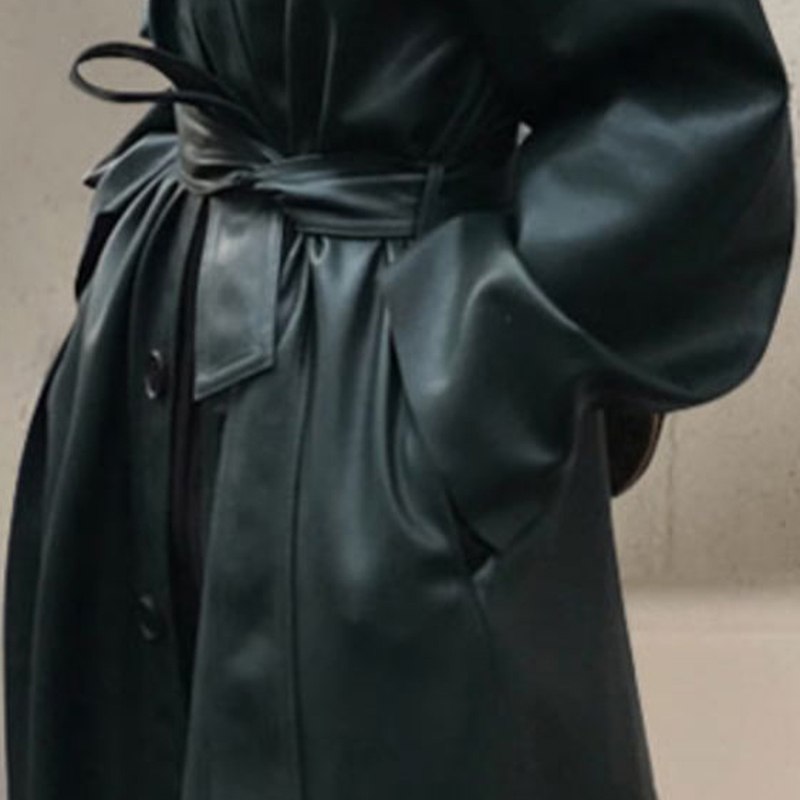 Lautaro-女性用ベルト付きロングブラックレザーPuコート,シンプルなボタンダウン,韓国のファッション,卸売り,服2022