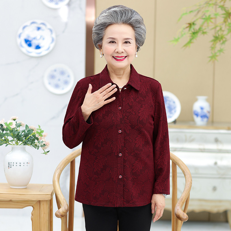 노년 가을 여성 상의, 60-70 세 어머니 블라우스, 긴 소매 프린트 셔츠, 할머니 봄 코트, 가디건 블라우스 1485