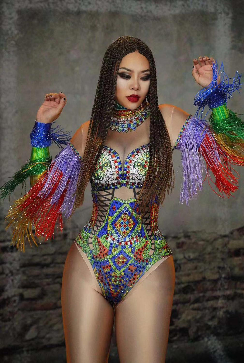 Rhinestones ที่มีสีสัน Fringes Leotard เครื่องแต่งกายผู้หญิงวันเกิดพรหมฉลองชุดบาร์สุภาพสตรี Dancer Bodysuit