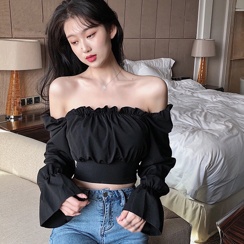 Autumn Women's Solid Color Shirt Slash Neck Sexy Bandage Navel Exposed Long Sleeve Blouses Tops