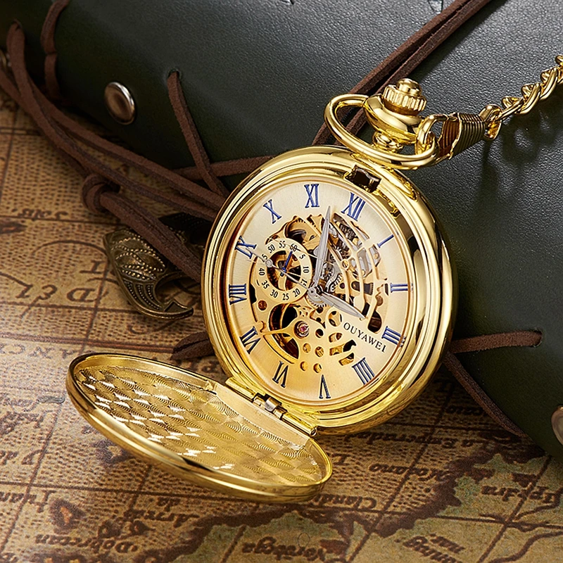 Edelstahl Männer Mechanische Taschenuhr Mode Lässig Skeleton zifferblatt Luxus Gold Hand Wind Mechanische Männliche Fob Kette Uhren