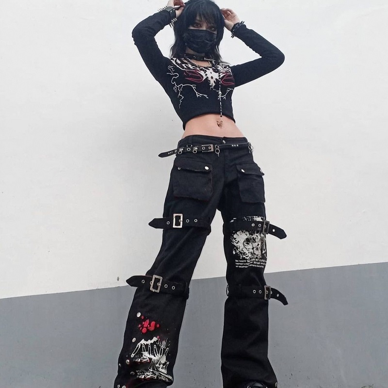 E-girl gótico preto calças de carga capri mulheres cintura baixa jeans calças compridas y2k grunge vintage hip hop punk harajuku streetwear