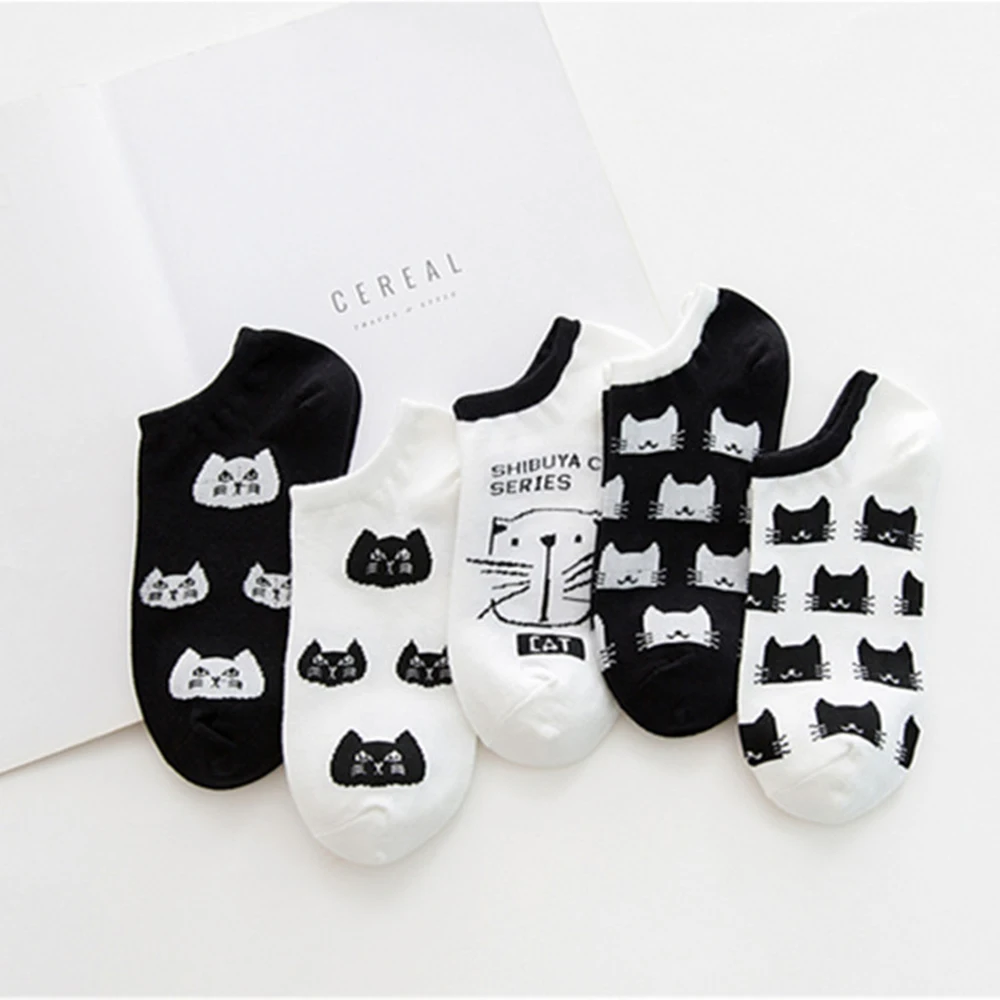 Calcetines tobilleros con diseño de gato para Mujer, medias cortas con dibujos de animales, moda coreana, Kawaii, informal, 5 pares