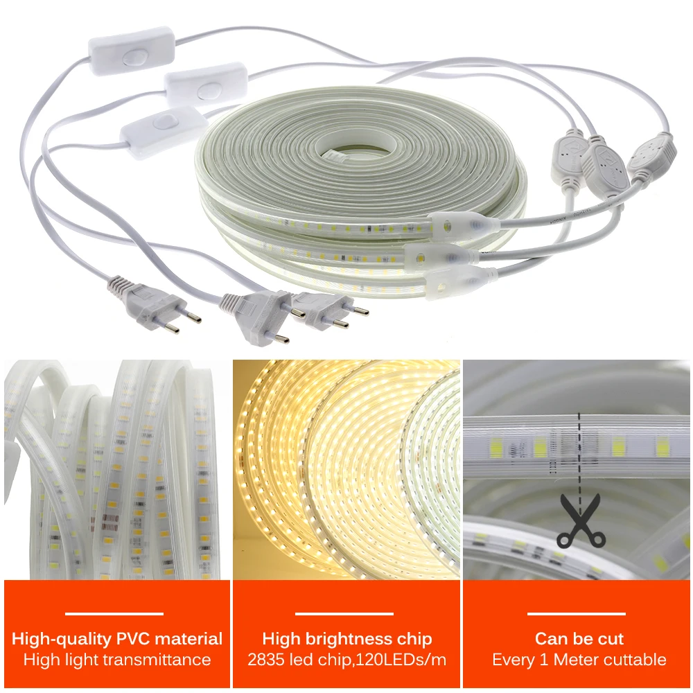 220-V-LED-Streifen, 120 LEDs, 8 W/m, mit EU-Stecker und Schalter, nicht blendend, flexibles LED-Licht, wasserdichtes LED-Band für den Außenbereich