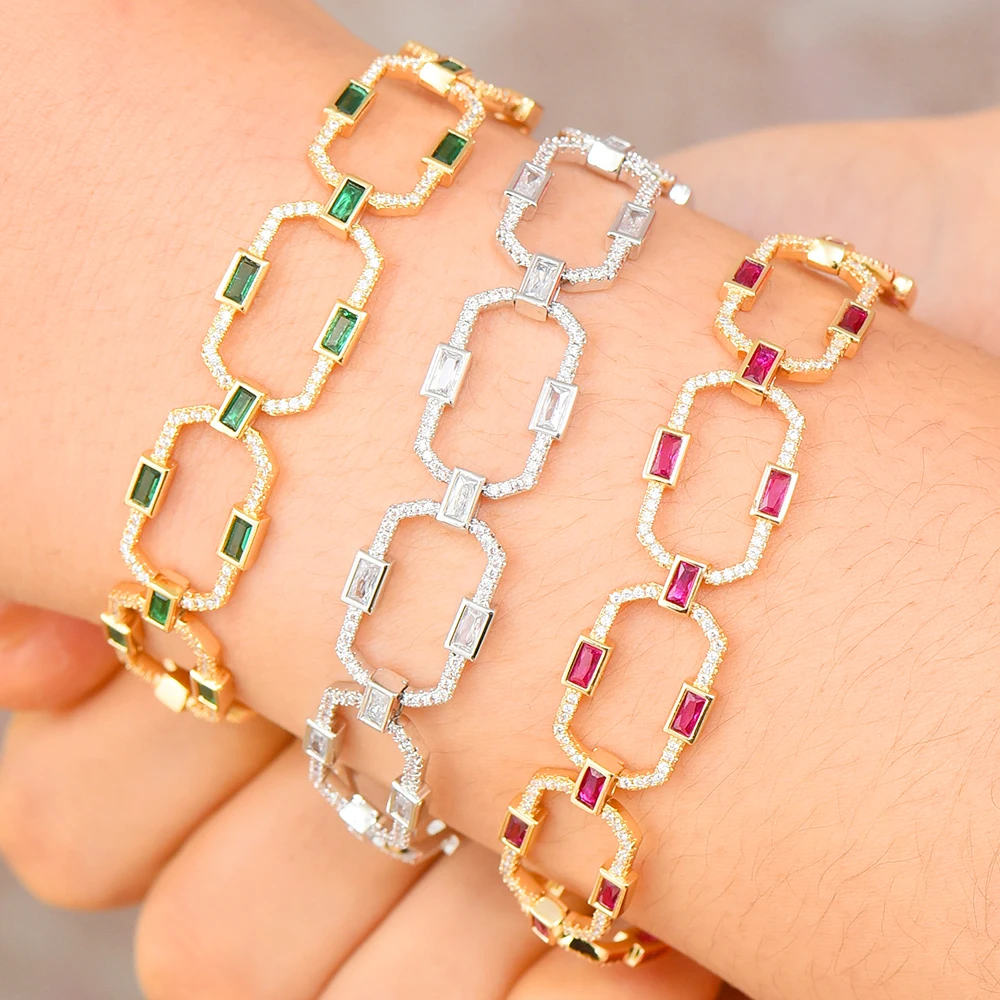 KellyBola Gelang Rantai Tautan Persegi Mewah Gelang Kubik Zirkon CZ Gelang Manset Bohemian Antik untuk Wanita Perhiasan Wanita