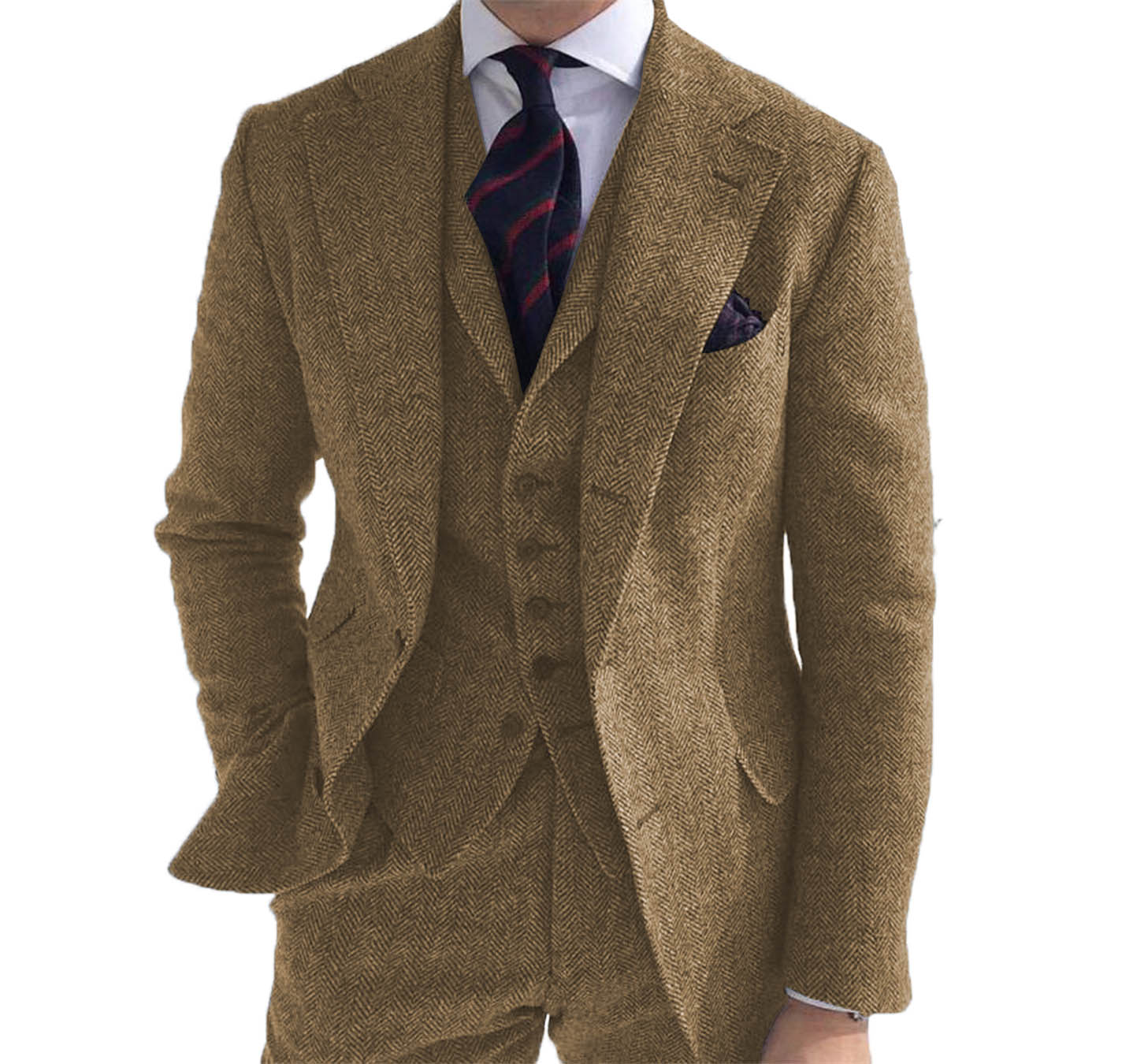 Traje de boda de lana marrón para hombre, esmoquin Formal de 3 piezas con solapa de chal entallado, esmoquin de graduación de Tweed para padrinos de boda (Blazer + chaleco + pantalones)