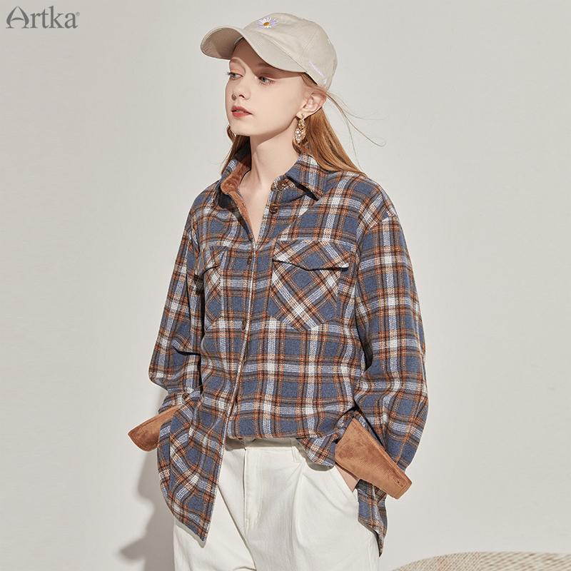 Artka-レディースヴィンテージチェック柄ブラウス,厚手で暖かいウールのカジュアルシャツ,アウターウェア,ルーズコーデュロイ,sa20100q,秋,2020