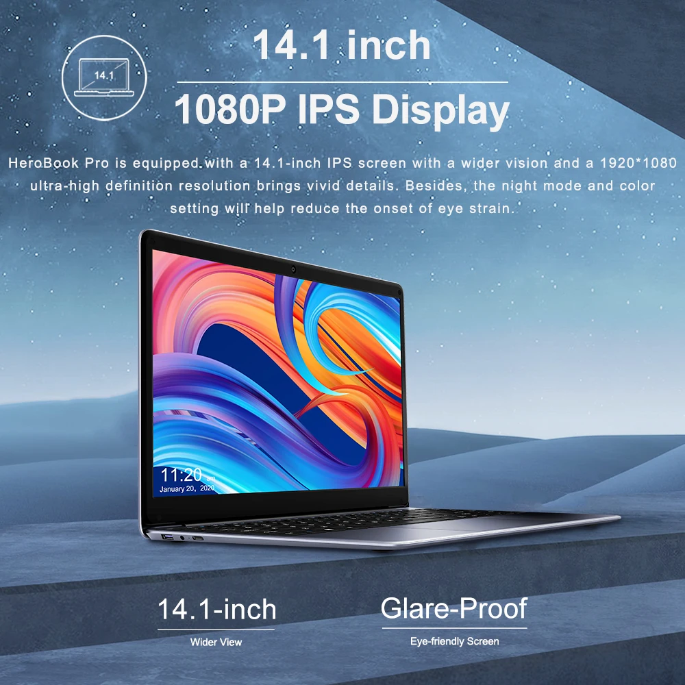 CHUWI-HeroBook Pro Laptop com teclado layout completo, Intel Gemini Lake N4020, Dual Core, sistema Windows 10, 8GB de RAM, 256GB SSD, 14,1 pol
