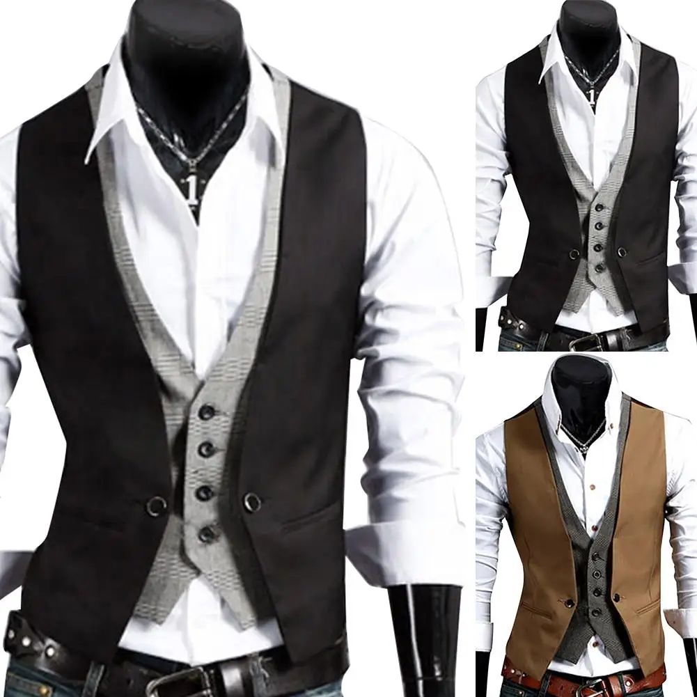 Chaleco Formal para hombre, chaleco de negocios de Color sólido con un solo botón, chaleco falso de dos piezas con cuello en V, chalecos informales ajustados para hombre