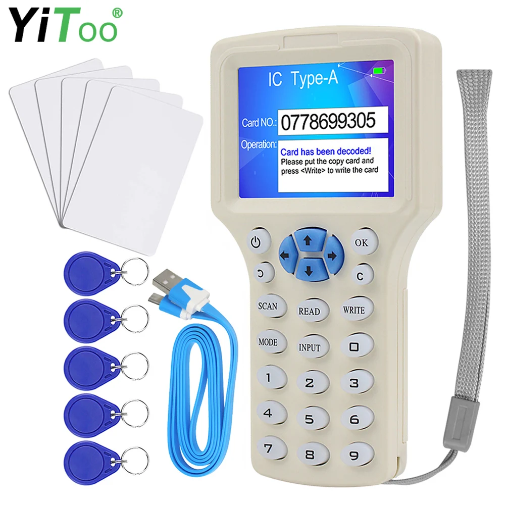 Lector RFID Escritor Duplicador Programador de tarjetas inteligentes NFC de 10 frecuencias 125 KHz 13,56 MHz Decodificador cifrado Tarjetas clave grabables, USB