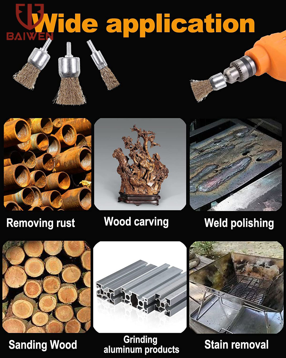 10/16/25 ミリメートル銅メッキ鋼線ホイールブラシドリルロータリーツール彫刻グラインダー研磨金属錆除去ブラシセット