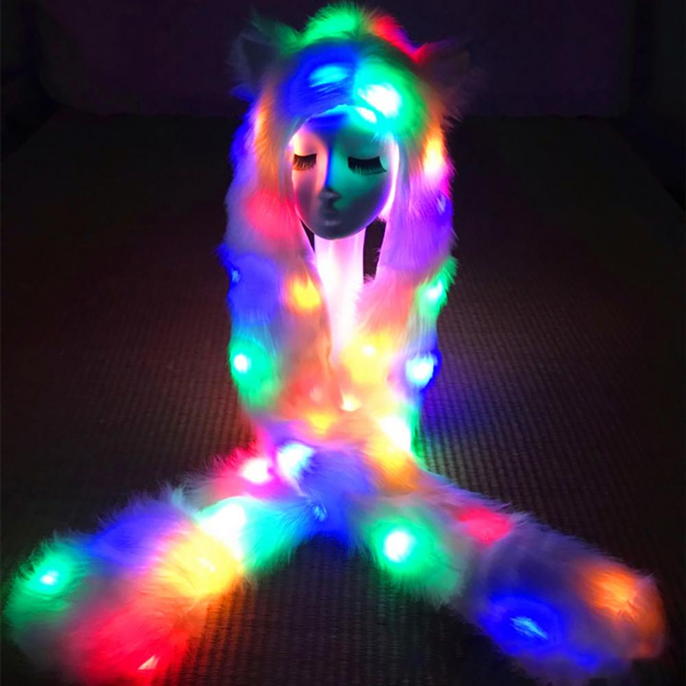 ผู้หญิง LED หมวกผ้าพันคอ Multi-สี LED Light Up Faux ขนสัตว์สัตว์หู Hood หมวกผ้าพันคอสำหรับเทศกาล Glow Party Navidad