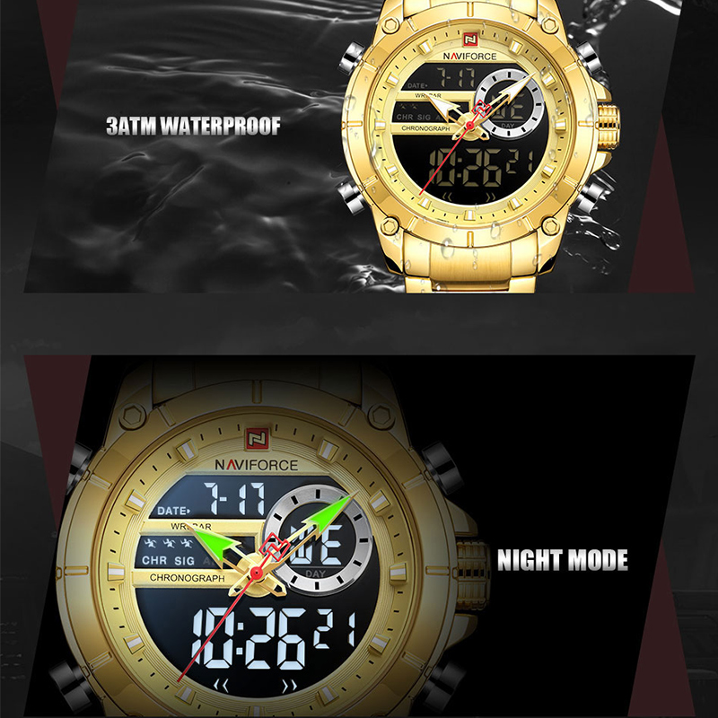 NAVIFORCE 9163 reloj de pulsera deportivo Original de lujo para hombres de cuarzo de acero resistente al agua con pantalla Dual relojes militares reloj Masculino