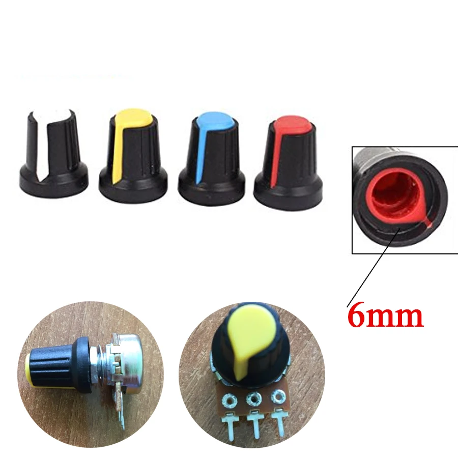 30 Cái/lốc Chiết Áp Núm 15X17mm 6Mm WH148 Chiết Áp B10K Màu Núm Nắp Vàng Cam Xanh Dương Trắng Đỏ 5 Giá Trị * 6 = 30 Chiếc