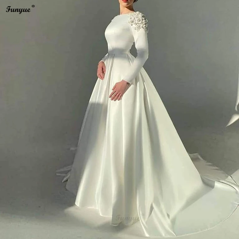 Personalizado elegante marfim muçulmano vestido de casamento vestidos de novia luxo miçangas flores cetim vintage manga longa vestidos de noiva