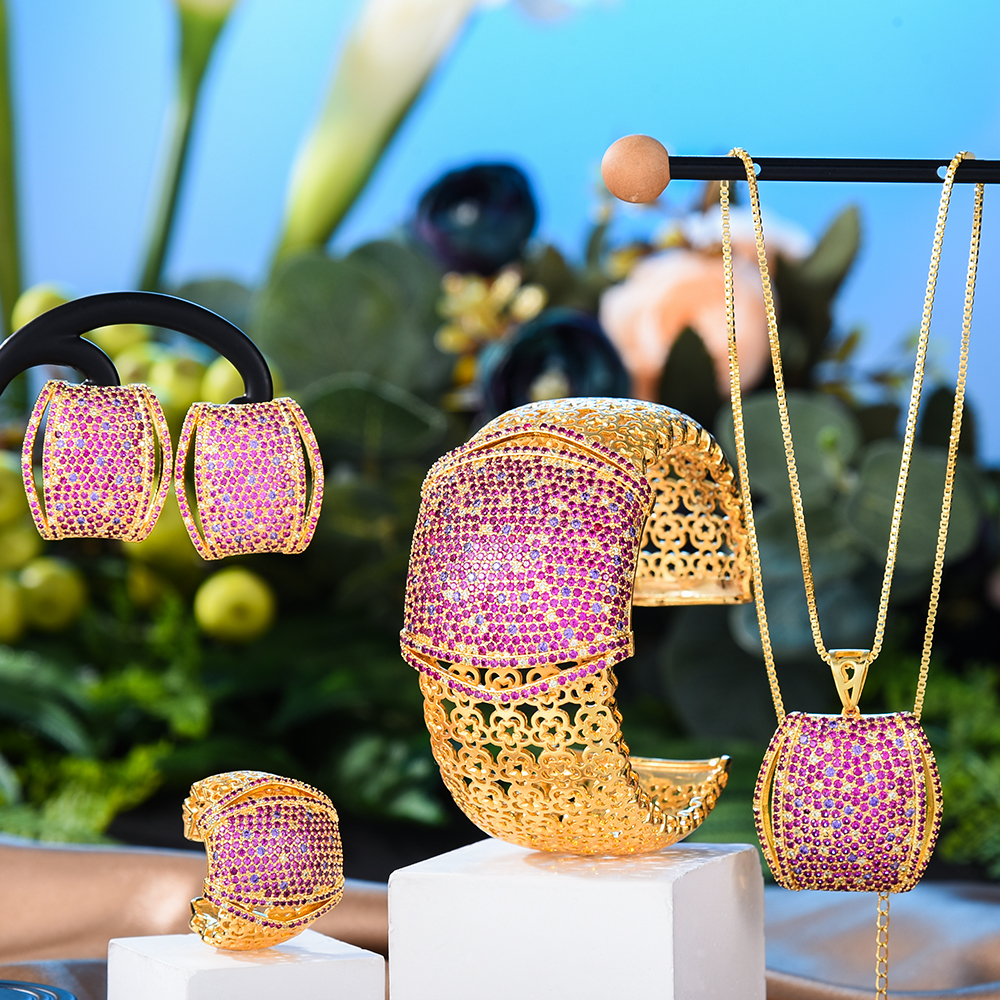 KellyBola Baru Mewah Mulia Wanita Cantik Kalung Bangle Anting Cincin 4 Buah untuk Wanita Pengantin Perhiasan Set Pesta Pernikahan