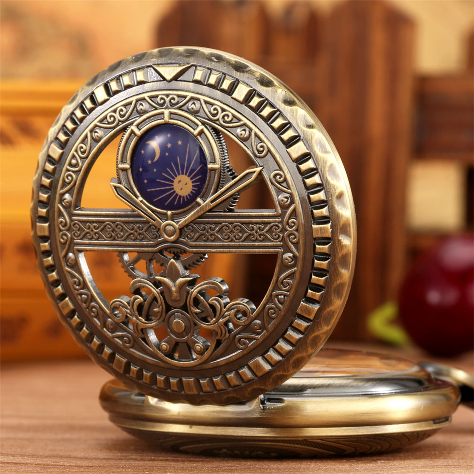 Bronze Mechanische Taschenuhr Mond Sonne Phase Dekorative Gravierte Antike Hand-Wickel Anhänger Tasche Uhr Neue 2021 Geschenk