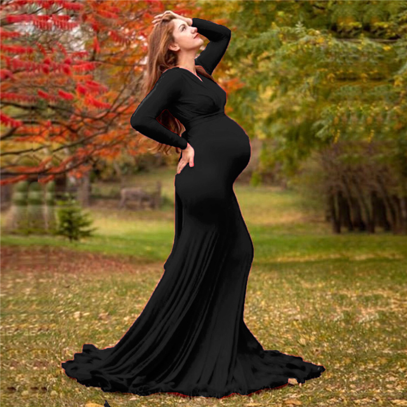Wiosenne eleganckie sukienki ciążowe na sesję zdjęciową kobiety w ciąży sukienka z długim rękawem dekolt w serek fotografia ciążowa sukienka na prysznic