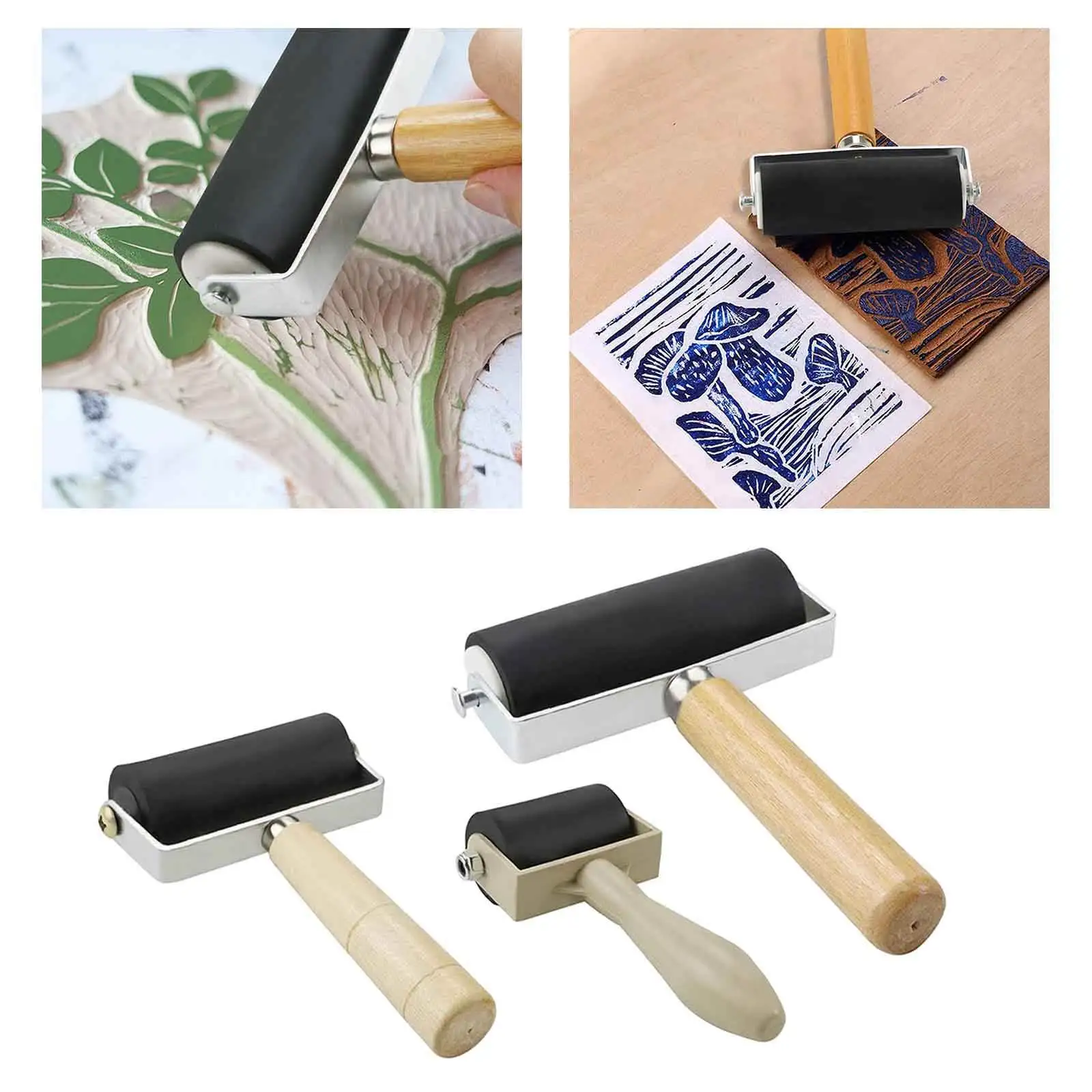 3Pcs ยาง Brayer Roller ไม้ Handle ภาพวาดหมึกปั๊มเครื่องมือศิลปะหัตถกรรมสำหรับแกะสลักพื้นผิววอลเปเปอร์พิมพ์