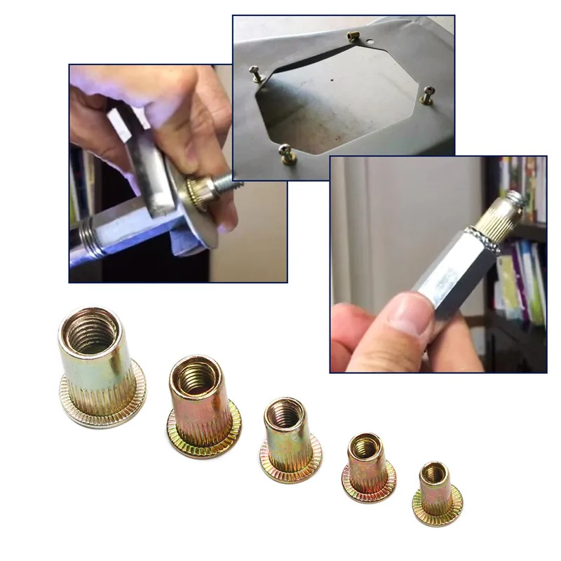 Cabeça chata Rivet Nuts Set, Inserir Cap, Zincado, Aço carbono, Rosqueado Rivet Nut Tool, M3 M4 M5 M6 M8 M10