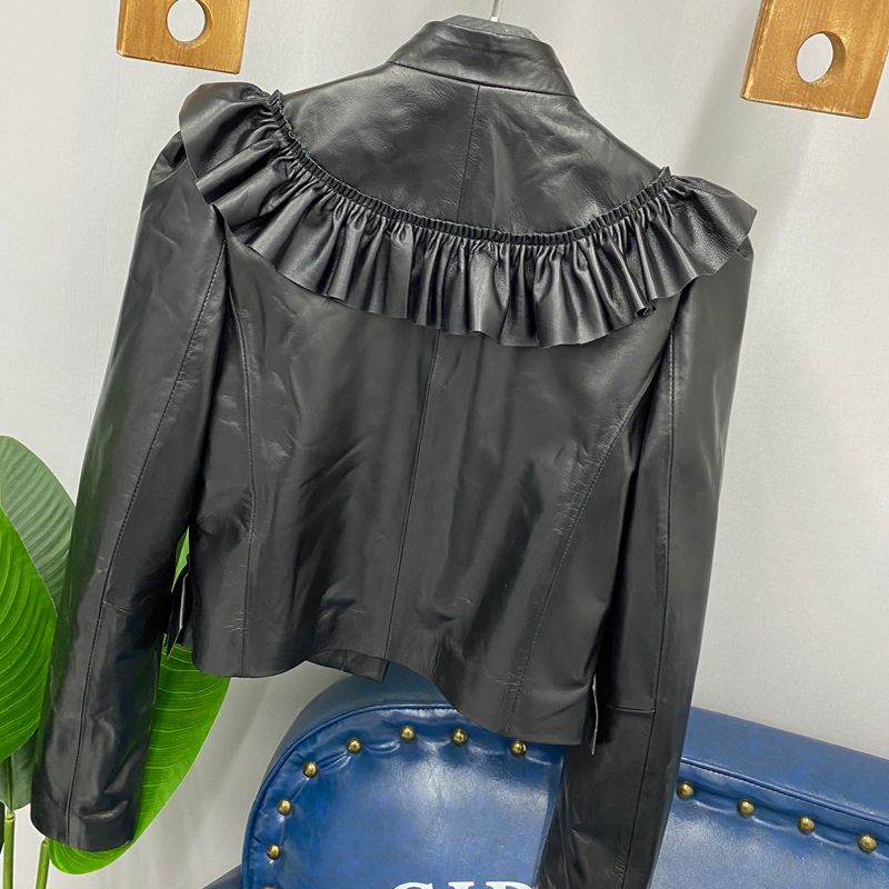 Stand Collar Pleated Ruffles Short High Waist Jacket Women Real Leather Sheepskin Cropped Coat Fashion Slim Jackets S-3XL