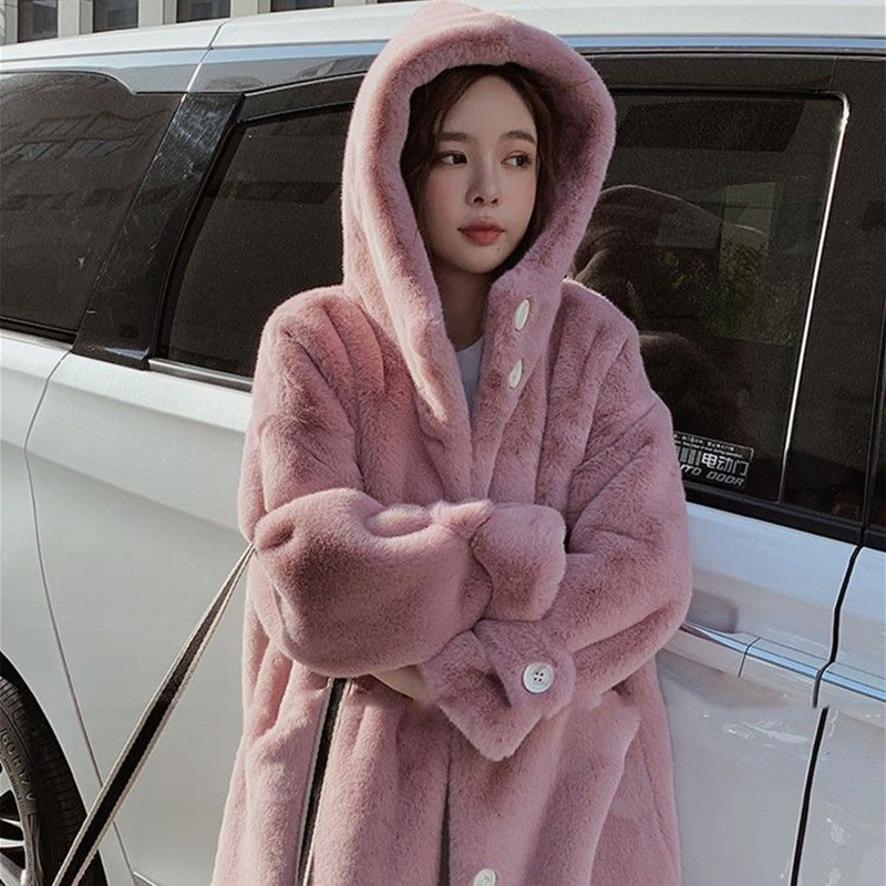 2021ผู้หญิงฤดูหนาวใหม่ Faux กระต่ายขนสัตว์หลวมยาวเสื้อขนสัตว์ขนาดใหญ่ Hooded เสื้อกันหนาวหนาหญิง Plush เสื้อ