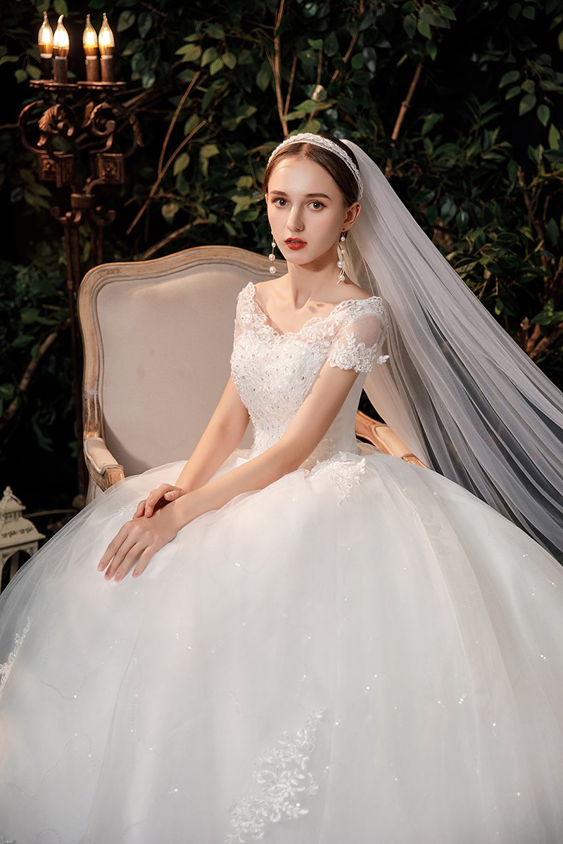 2022 Cao Cấp Phối Ren Cổ V BẦU VÁY Áo Ngắn Tay Công Chúa Ảo Ảnh Táo Cô Dâu Đồ Bầu Casamento