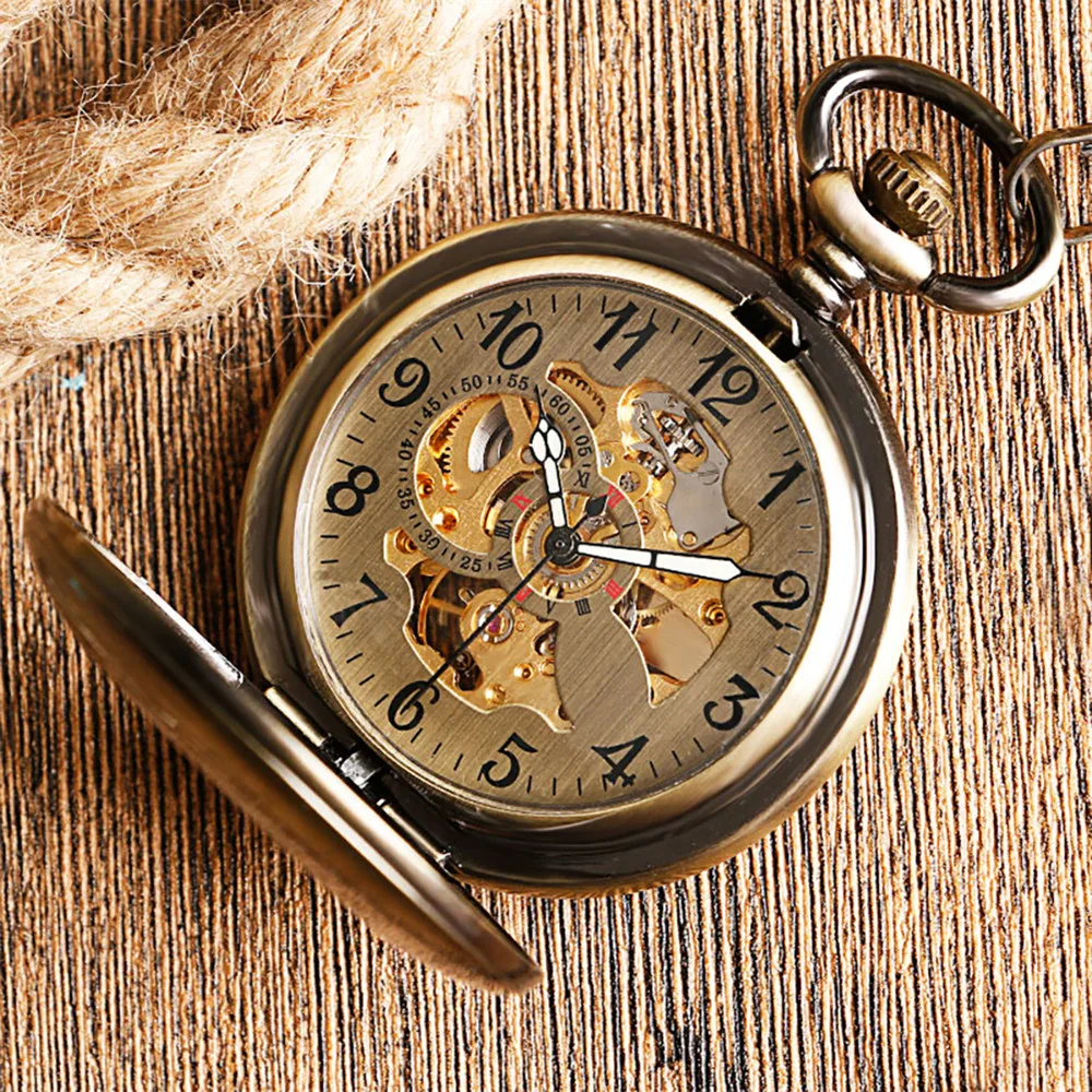Đánh Bóng Mịn Bạc/Đen/Đồng Tự Cuốn Cơ Đồng Hồ Bỏ Túi Vòng Tròn Rỗng Bao Retro Tự Động Mặt Dây Chuyền Đồng Hồ