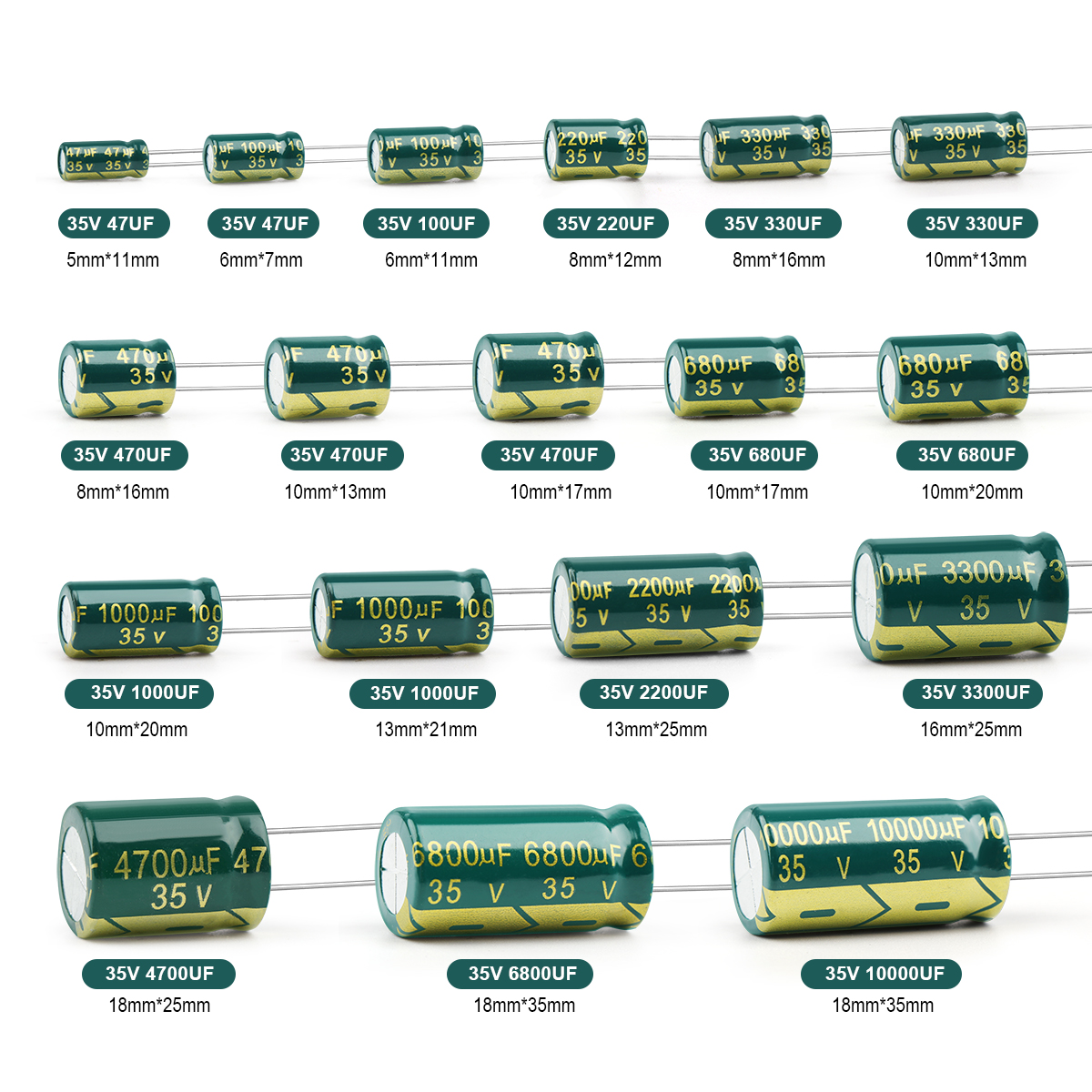 JCCON ตัวเก็บประจุอลูมิเนียมอิเล็กโทรลีติค | ESR ต่ําความถี่สูง | 6.3V-450V, 100UF-470UF | สําหรับเครื่องเสียงและพาวเวอร์ซัพพลาย