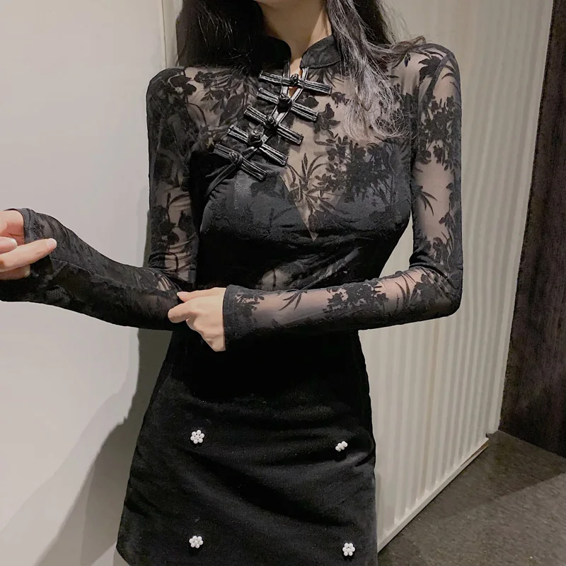 女の子透明レースブラウスシャツ Tシャツ女性中国風のタートルネックヴィンテージフルスリーブ黒ブラウストップス女性のための