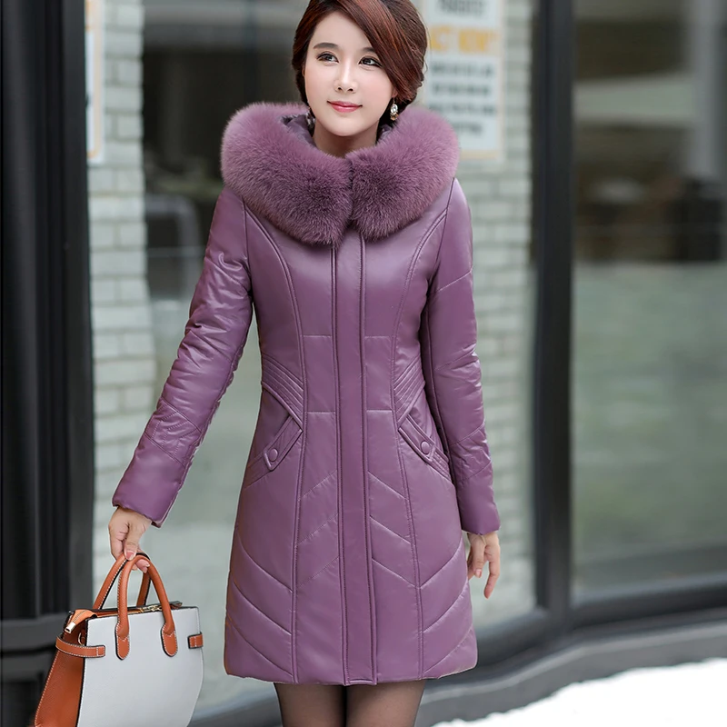 L-8XL Femmes Long Cuir Manteau Hiver 2025 Mode Mère Veste épaissir Chaud Vêtements d'extérieur Col de Fourrure à Capuche en Peau de Mouton Pardessus Femme Grande Taille