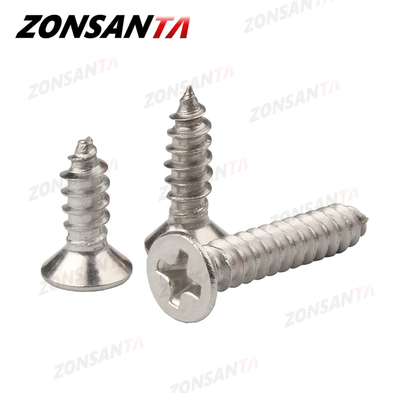 ZONSANTA M1.4 M1.7 M2 M2.3 M2.6 M3 M4 M5 M6 304 Нержавеющая сталь Винты с потайной головкой и крестообразной головкой Винт по дереву