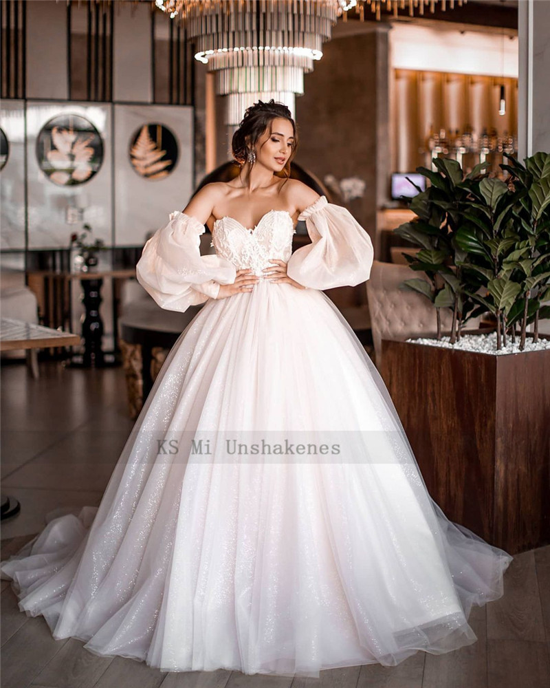 Schmutzig Rosa Boho Hochzeit Kleid 2021 Abnehmbare Puff Hülse Braut Kleider Glitter Sparky Spitze Hochzeit Kleider Strand Schatz
