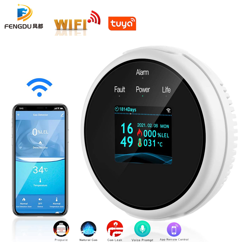 Heißer Smart Leben Tuya Wifi Gas Leck Sensor Led-anzeige Bildschirm Brennbaren Smart Home Smart LPG Gas Alarm Temperatur Detektor