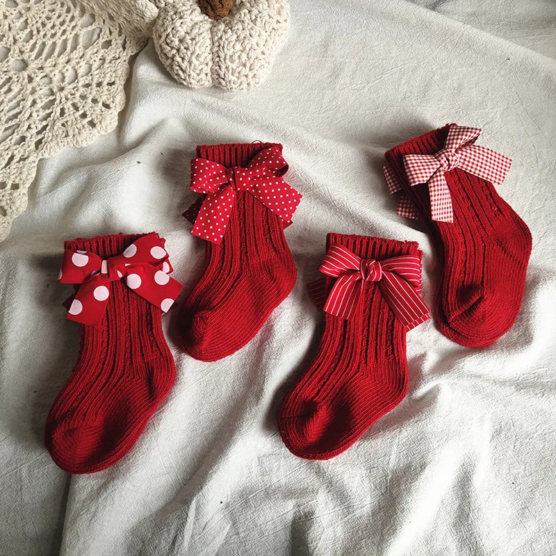 Calcetines hasta la rodilla para niñas, calcetines navideños de algodón con lazo grande rojo, calentadores de piernas de lana Lisa, calcetines suaves para niñas y niños pequeños