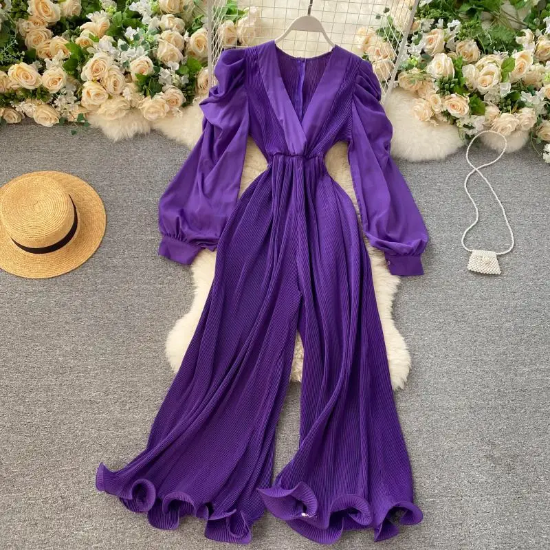 Phụ Nữ Sexy Xếp Ly Áo Liền Quần Thu Đông 2021 Chắc Chắn Tím/Đen/Trắng Jumpersuit Nữ Ren Ống Rộng Rủ Playsuits nữ Mới