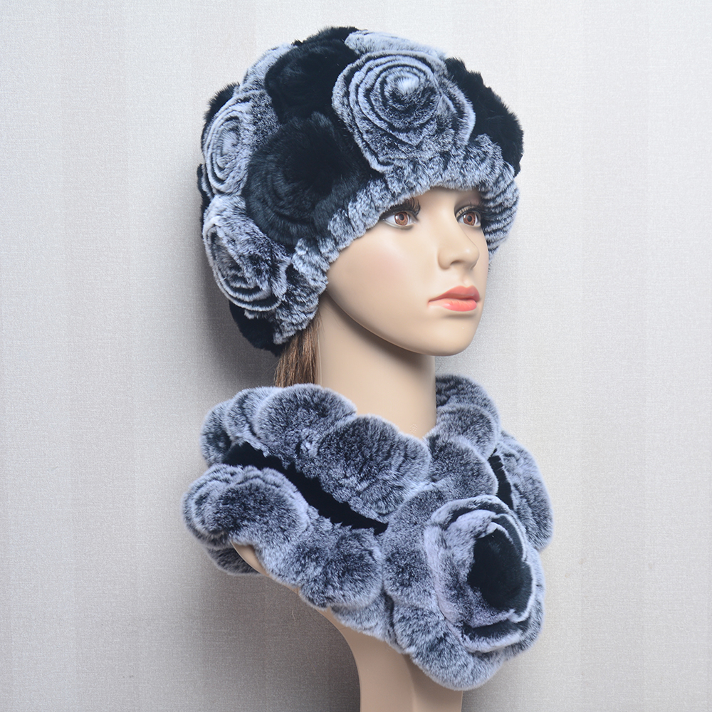 Conjunto de bufanda y sombrero de piel de conejo Rex Real para mujer, bufandas de piel de conejo Rex cálidas naturales, sombrero de Invierno para mujer