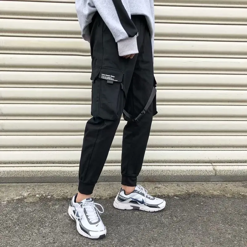 メンズリボン付きハーレムカーゴパンツ,ヒップホップストリートウェア,カジュアルポケット,トラックパンツ,原宿ファッション,2024