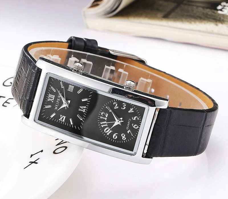 Dual Dial Unisex นาฬิกาหนังแท้คู่นาฬิกาข้อมือควอตซ์ Simple Minimalist ผู้ชายผู้หญิงชายหญิงสีดําสีขาวนาฬิกา