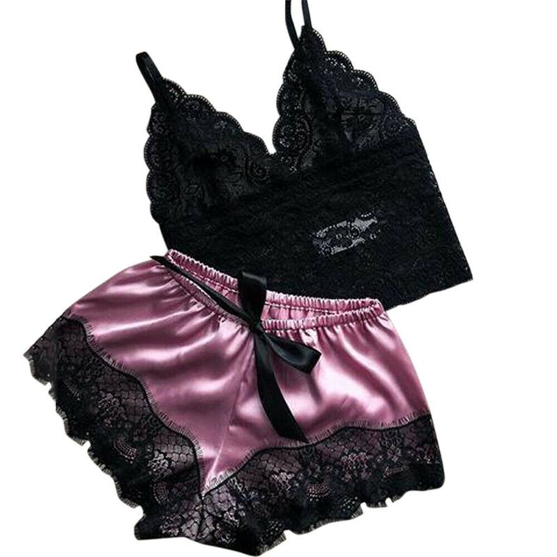 Ropa de dormir Sexy de encaje para mujer, lencería sin mangas con cuello en V, picardías, conjunto de pijama, Tops, pantalones cortos