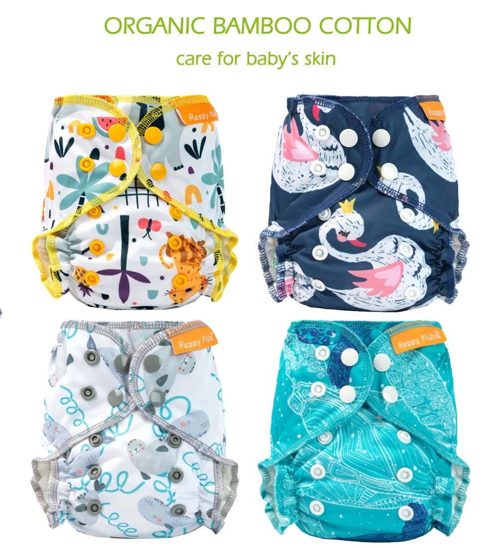 Happy Flute AIO Fraldas de pano de algodão reutilizáveis para bebês recém-nascidos, tudo em um, fraldas ecológicas NB / M, reforços duplos, cabem em bebês de 3 a 5 kg