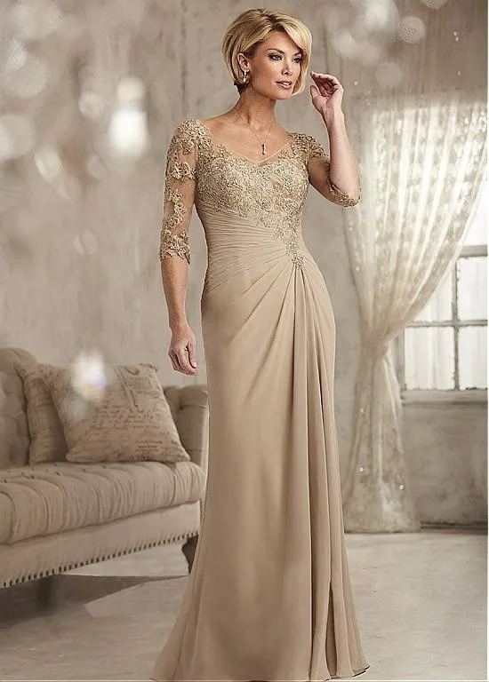 Elegant Beaded ลูกไม้แชมเปญชุดเจ้าสาว Plus ขนาดชีฟองครึ่งแขนเจ้าบ่าวแม่ชุดราตรีสำหรับงานแต่งงาน
