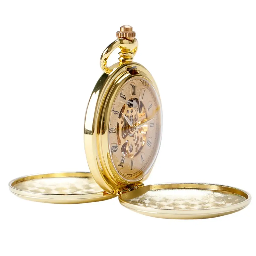Full Gold สี Skeleton Smooth นาฬิกาพ็อกเก็ตนาฬิกา Hand Wind Mechanical ตัวเลขโรมัน FOB นาฬิกาผู้ชายคู่นาฬิกาเปิดสําหรับผู้ชายผู้หญิง